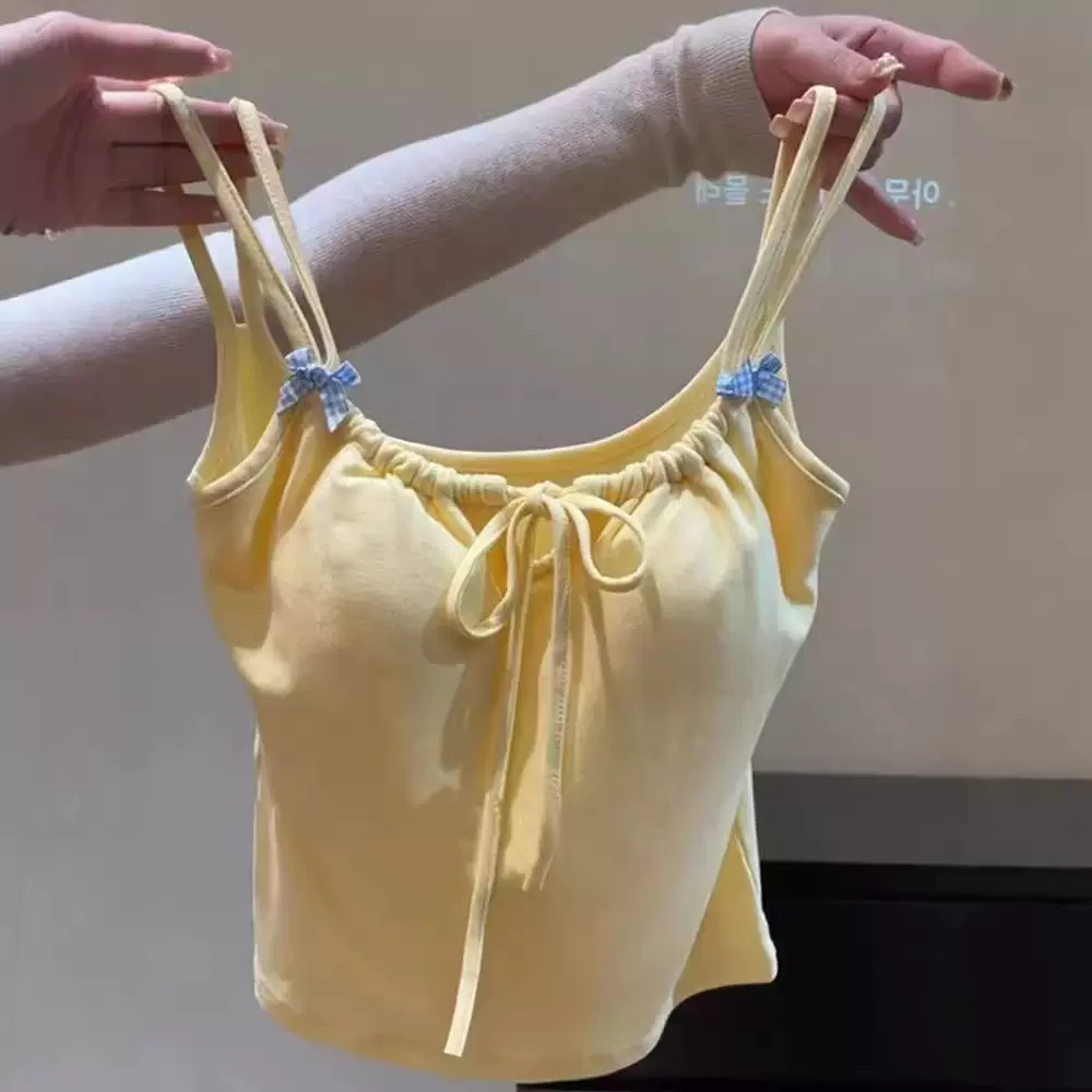 夏季美式辣妹蝴蝶结带胸垫吊带背心潮人小众修身遮肉美背爆款上衣