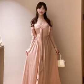 【两件套】粉色吊带连衣裙子女秋冬季开衫穿搭配长裙套装
