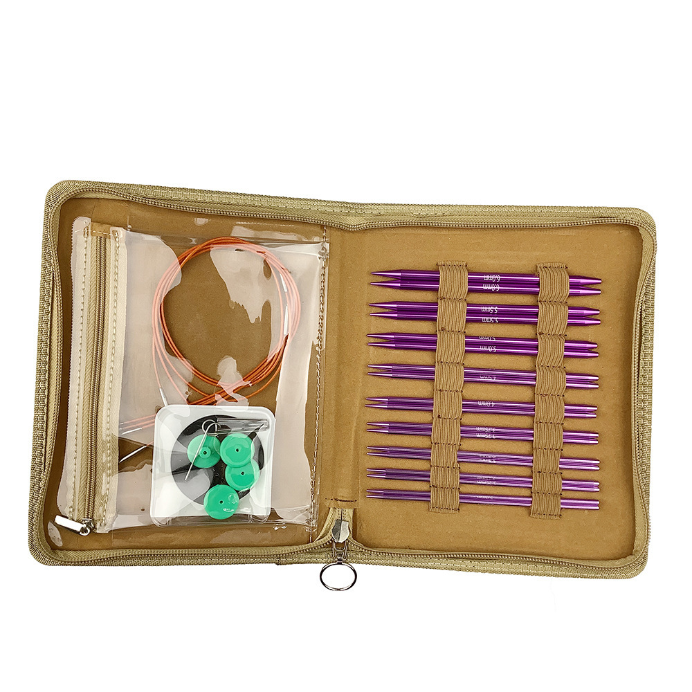 Herramientas de tejido aguja de suéter púrpura 5 pulgadas un conjunto de 9 pagas 3.0-6.0MM PU largo desmontable aguja de anillo