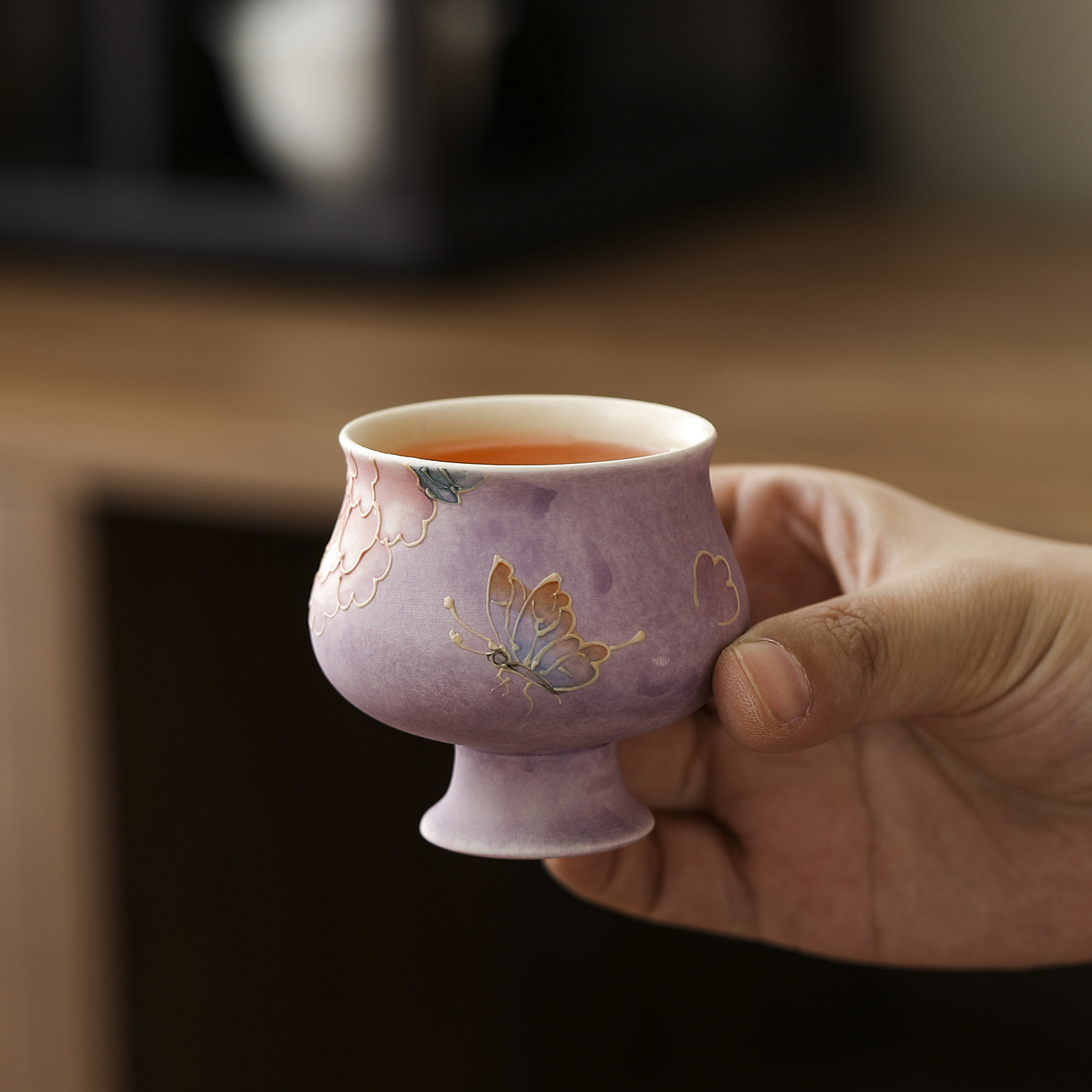 手绘牡丹茶杯单个陶瓷品茗杯精致家用主人杯喝茶功夫茶具送礼专用