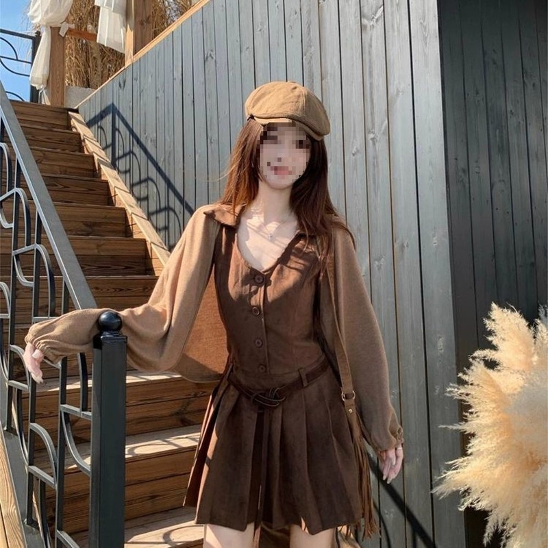 复古POLO领麂皮绒百褶连衣裙女2025秋季新款收腰显瘦背心A字短裙|undefined