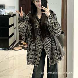 2025新款复古韩系慵懒chic格子风衣外套女秋季中长款宽松休闲上衣