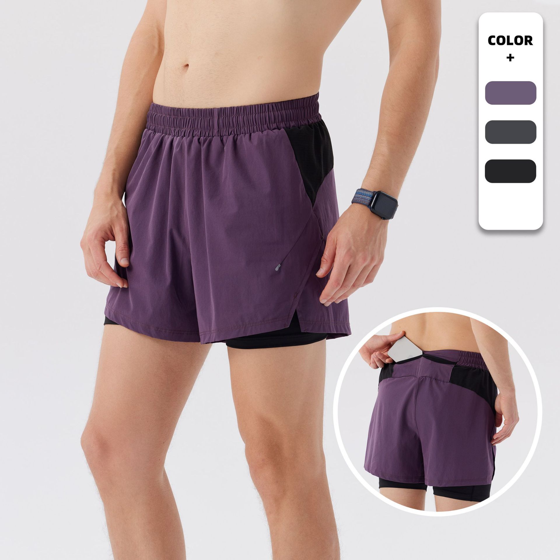 Pantalones cortos de correr para hombres de maratón rápido y seco pista y campo de tres puntos para revestimiento de pantalones de doble capa deportivo fitness puede poner el teléfono móvil