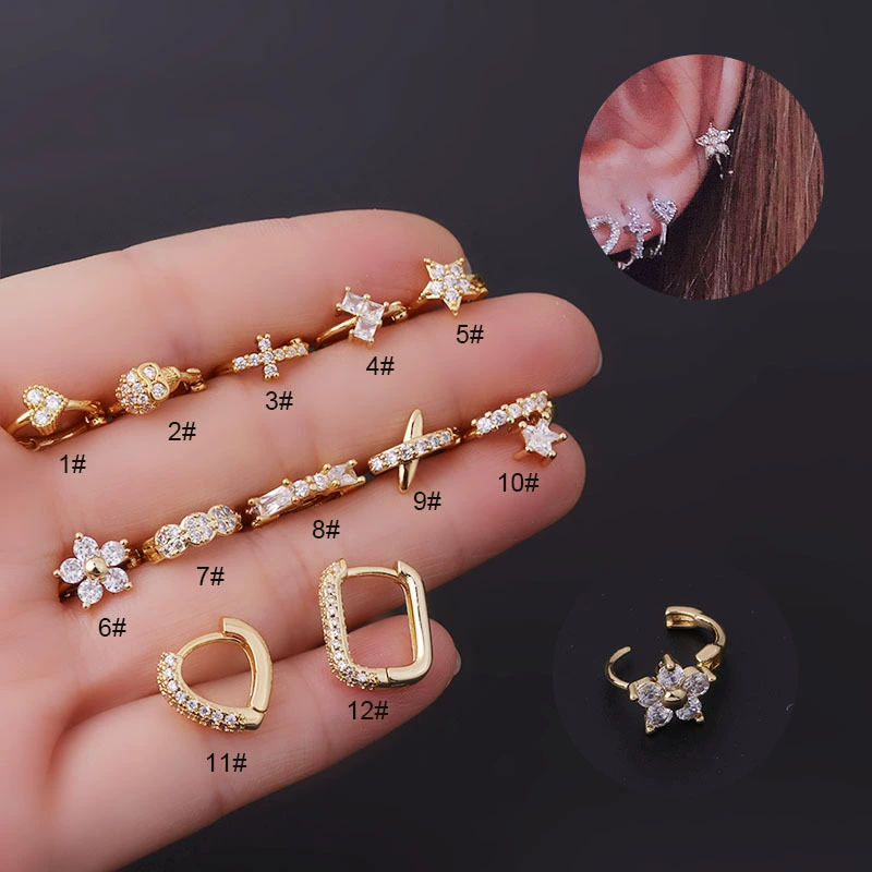 Copper Zircon Flower Earrings, 8 mm, European Style Piercing, Single Stud