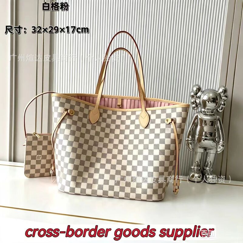 Classic vintage Neverfull shopping bag, shoulder bag, handbag, genuine leather, checkerboard pattern, large capacity, designed for women