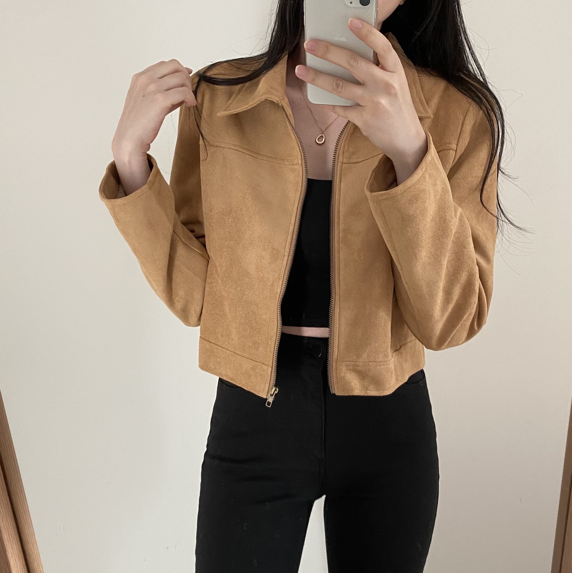 Korean Chic Autumn French Retro Simple Versatile Design Zipper Lapel Suede Short Jacket for Women