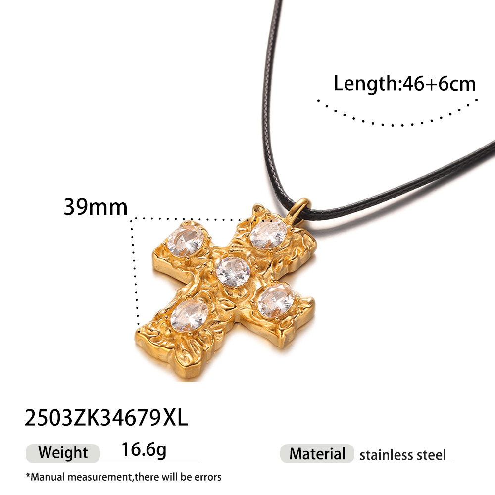 Taena Cross-border europeo y americano celebridad de Internet con el mismo estilo de acero inoxidable con collar de cruz de diamantes collar de oro de 18k con cordón de cera