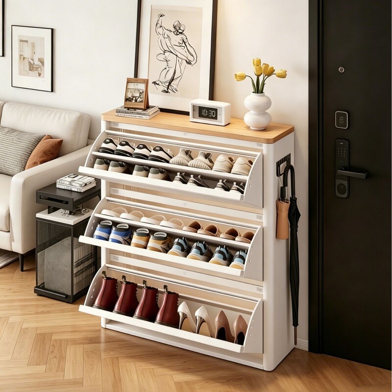 Ultra-Thin Shoe Cabinet for Entryway, Flip-Down Style, Extremely Narrow Steel Shoe Cabinet for Home Entrance, Small Narrow Metal Shoe Rack Ultra-Thin Shoe Cabinet for Entryway, Flip-Down Style, Extremely Narrow Steel Shoe Cabinet for Home Entrance, Small Narrow Metal Shoe Rack
