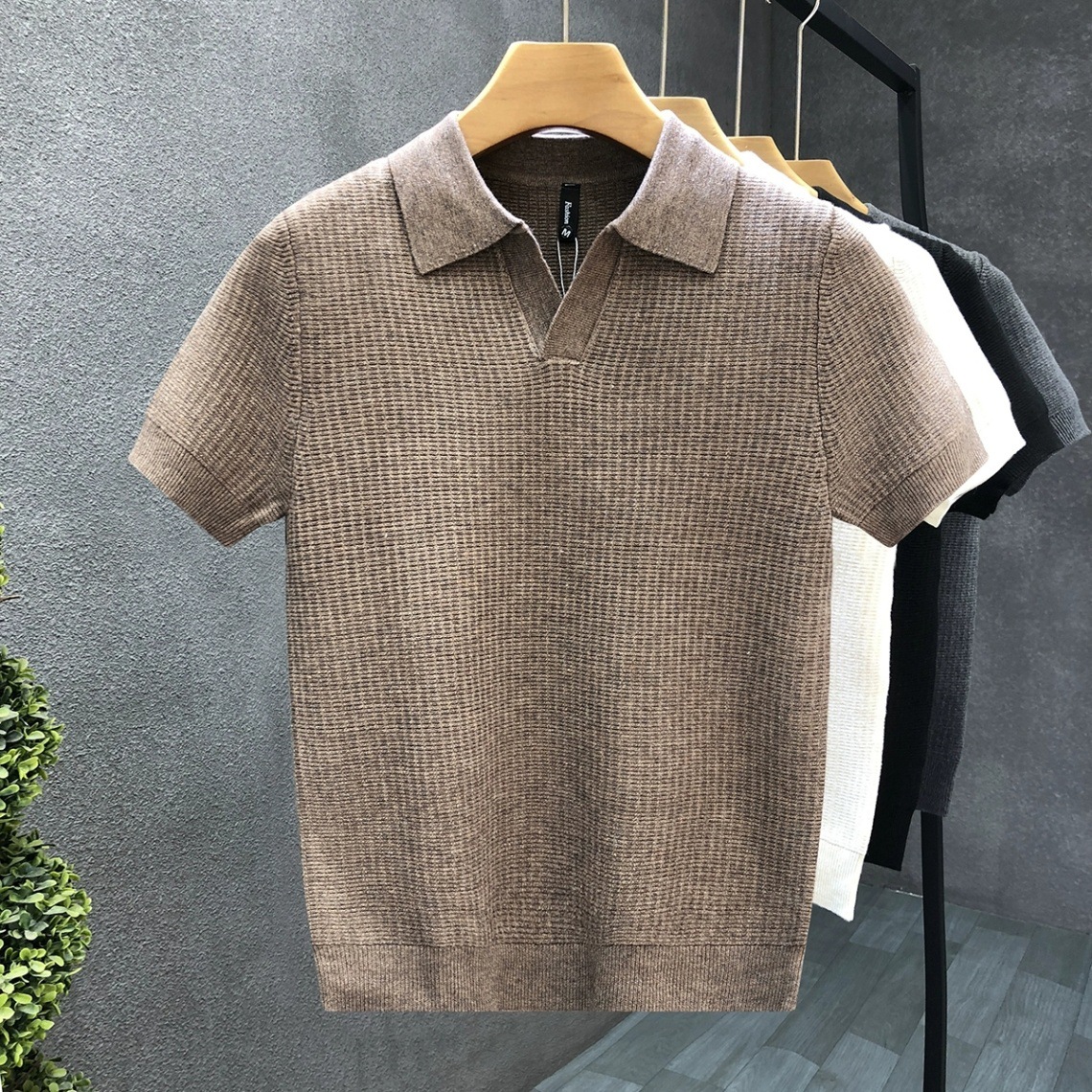 Camisa POLO suéter de manga corta con cuello en V para hombre, seda de hielo transpirable de verano de negocios delgados, versión coreana, comercio exterior transfronterizo al por mayor
