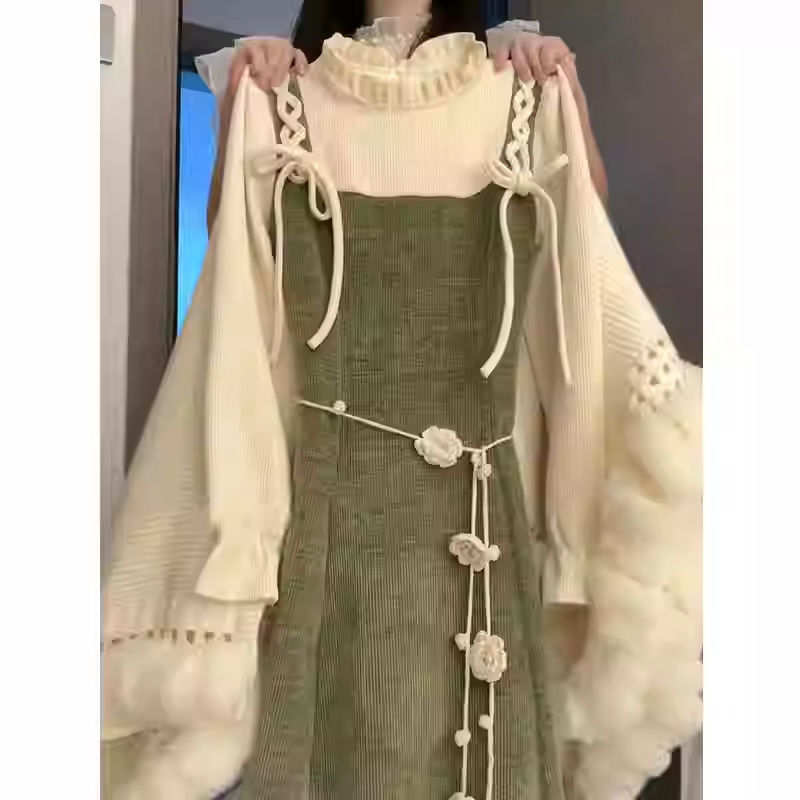 French Style Retro Waist Slimming Look Dress for Female Students Autumn and Winter New Preppy Style Petite Forest Skirt