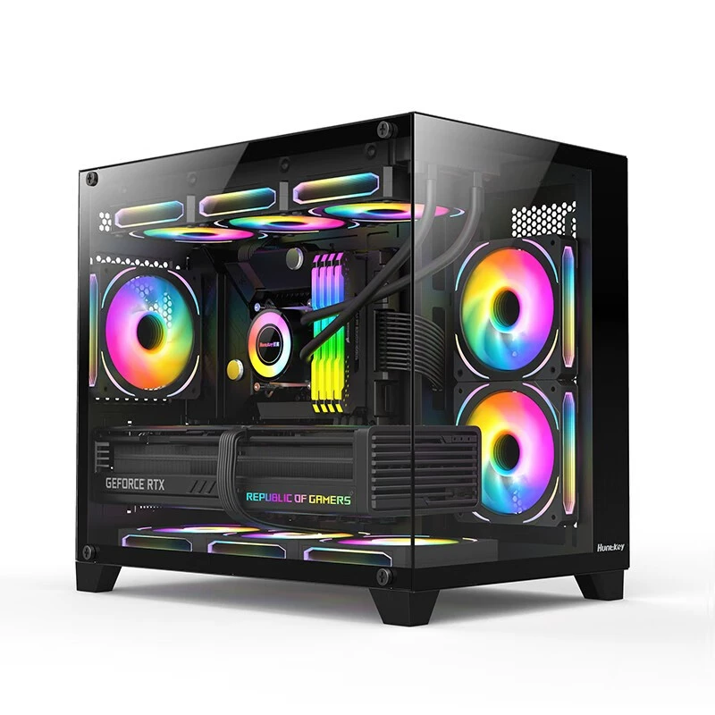Корпус компьютера Huntkey S960 Panorama Edition, закалённое стекло, Micro-ATX/Mini-ITX, чёрный/белый