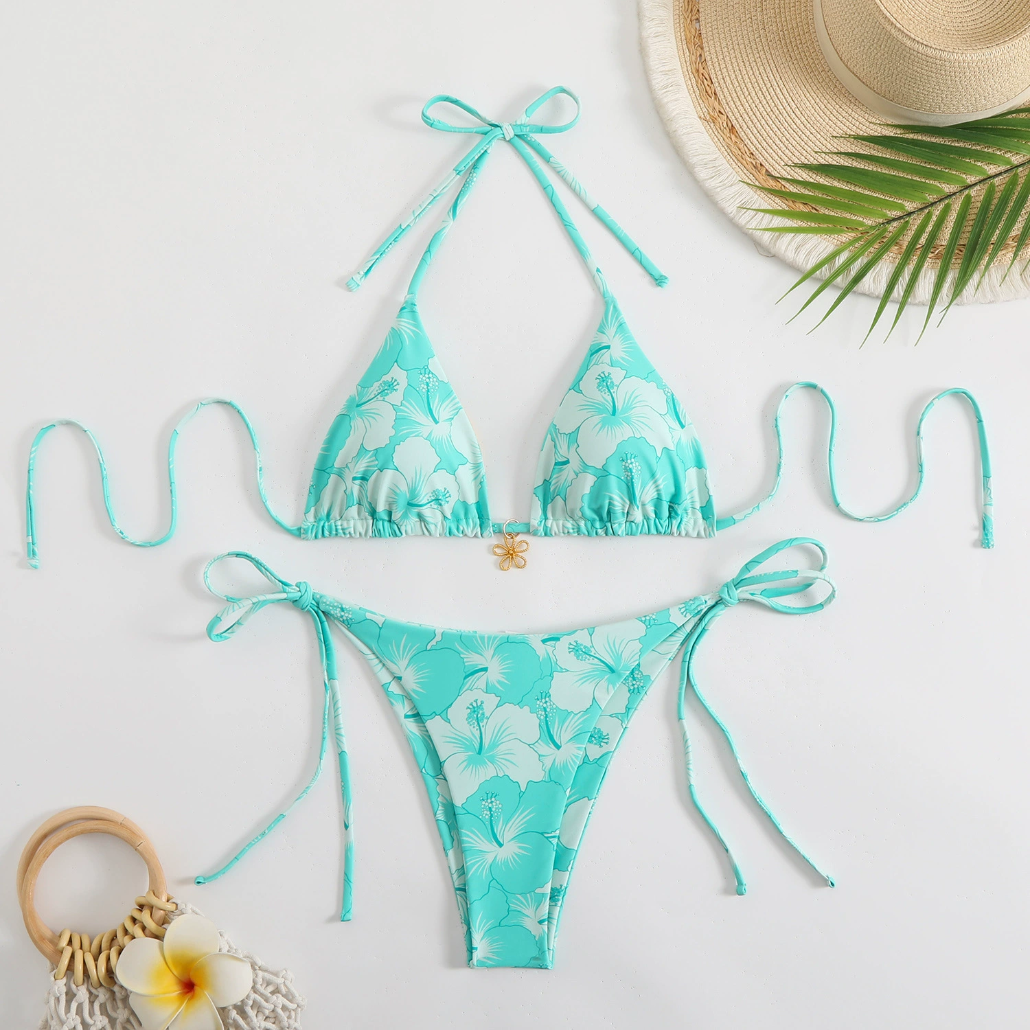 2025 новый европейский и американский бикини AliExpress независимый сайт печатный шнурок бикини купальник для женщин