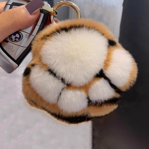 Real Rex Rabbit Fur Lucky Tiger Pattern Claw Car Keychain Pendant Cute Plush School Bag Pendant for Women