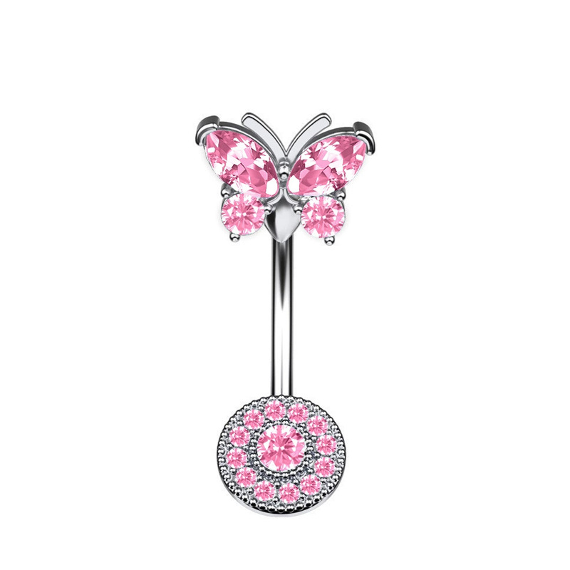 Piercing de nombril en acier inoxydable papillon et zircon rose_voghion.com