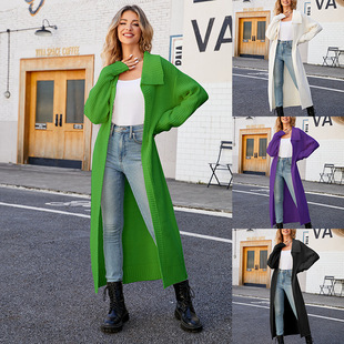 European and American Casual Contrast Color Sweater Coat Women's 2022 New Loose Mid-length Top Autumn and Winter Outer Knitted Cardigan_voghion.com