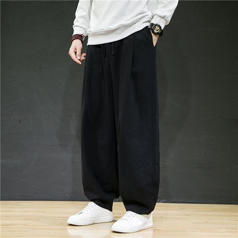 Pantalones largos de lino sueltos de primavera y otoño de estilo chino, pantalones largos de pierna ancha de talla grande más gordos, pantalones harem casuales de algodón y lino