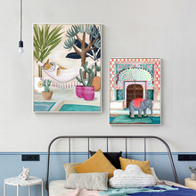 北欧简约卡通动物儿童房挂画客厅海报玄关壁画帆布装饰画图片画芯