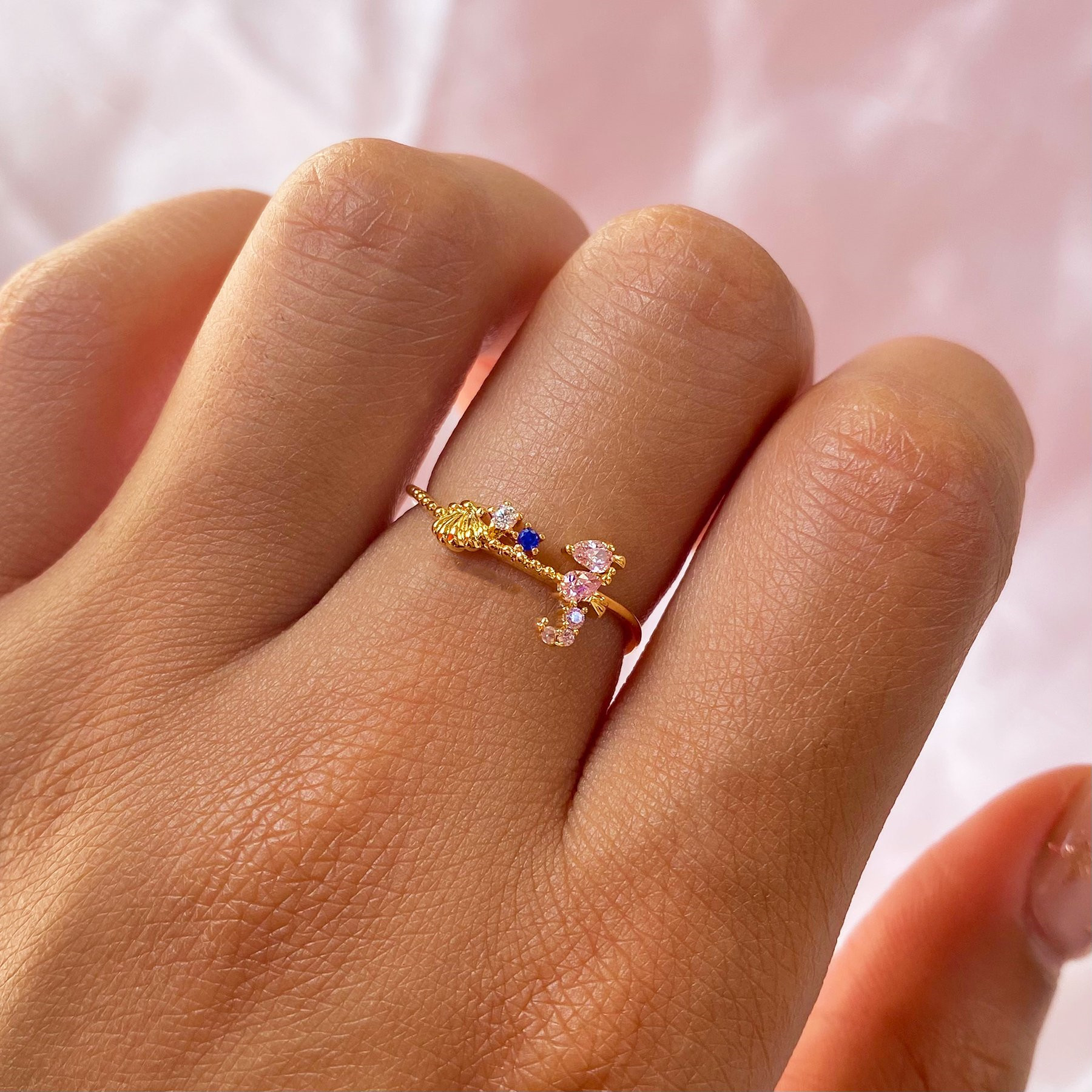 INS Style Marine Animal Ring Fresh Cute Crab Seahorse Color Zircon Ring Bracelet in Stock