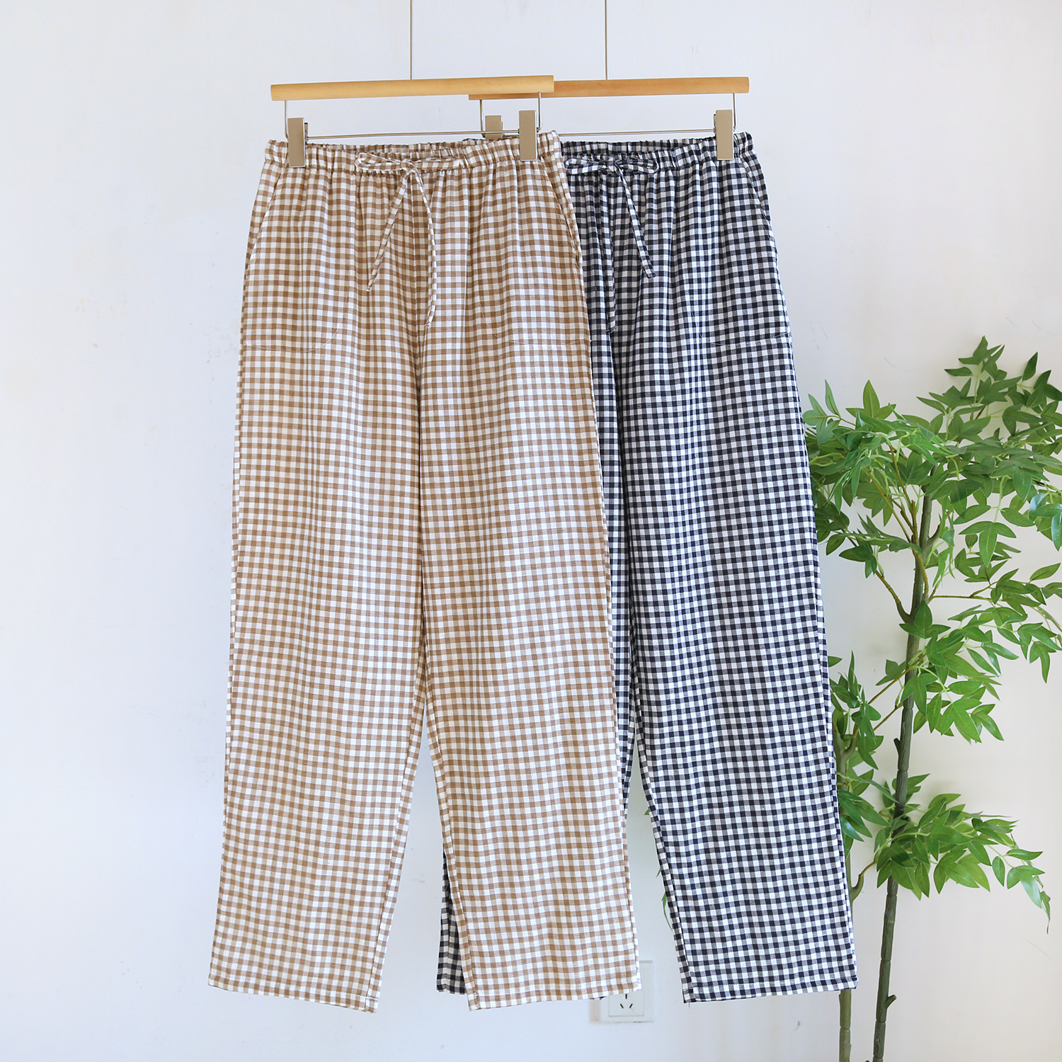 커플 파자마 코튼 더블 거즈 남녀 홈 팬츠 대형 사이즈 중년 청소년 바지 심플 소프트 봄 여름 스타일