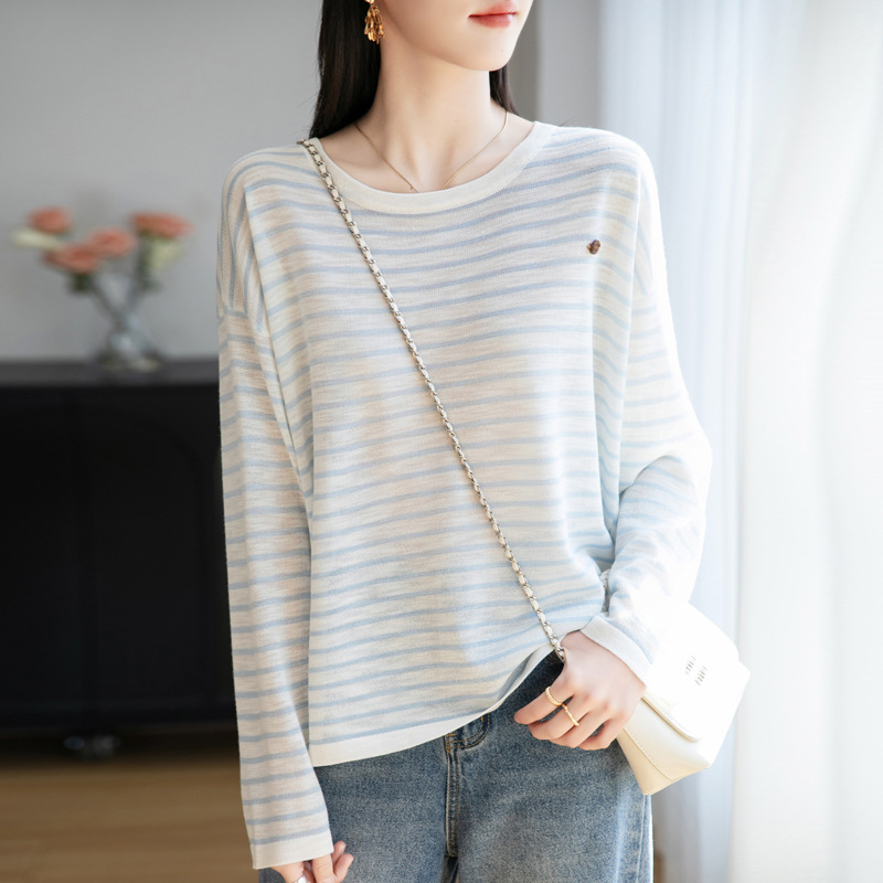 Slub Striped Round Neck Knitted Air-conditioning Shirt Summer New Arrival Fashionable All-match Sweet Embroidered Pullover Sunscreen Top