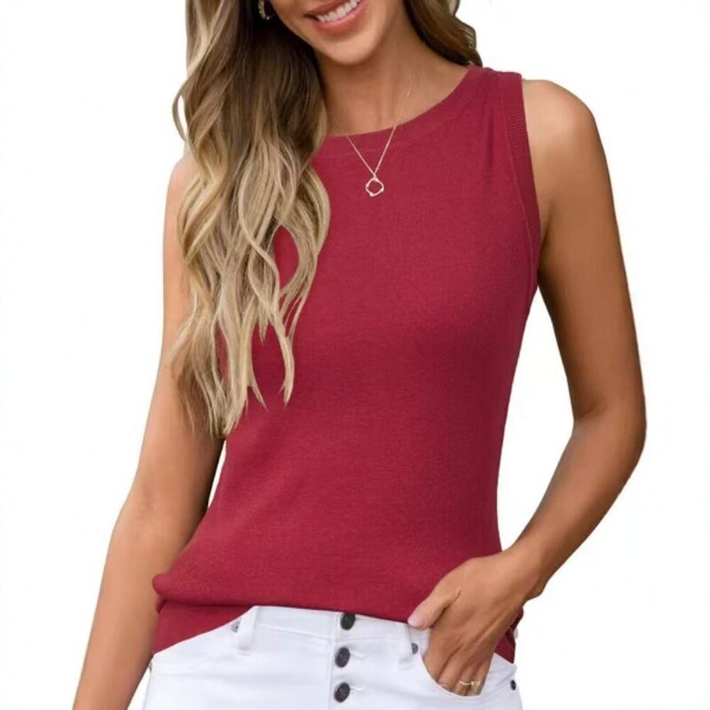 Cross-Border European and American 2026 Summer New Style Sleeveless Knitted Vest for Women, Solid Color Slim Fit Round Neck Base Shirt for Casual Wear