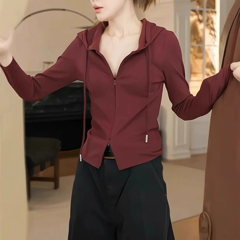 Европейский дизайн с капюшоном двойной кардиган куртка женский 2024 осень новая талия тонкая футболка топ