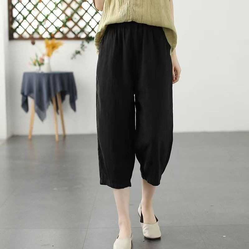 Plus Size Cropped Pants for Women, Summer Thin Black Slimming Harem Pants, High-Waisted Cotton and Linen Casual Wide-Leg Pants for Chubby Girls