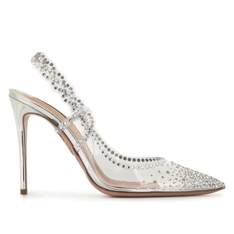 Cross-Border Wholesale Spring and Summer New European and American Style Pointed Toe Transparent Rhinestone Heels Silver Fashion Trendy Stiletto Women's Shoes