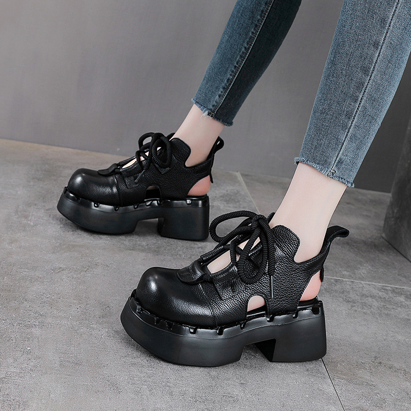 Boot nữ da bò cổ thấp đế dày thoáng khí — màu đen