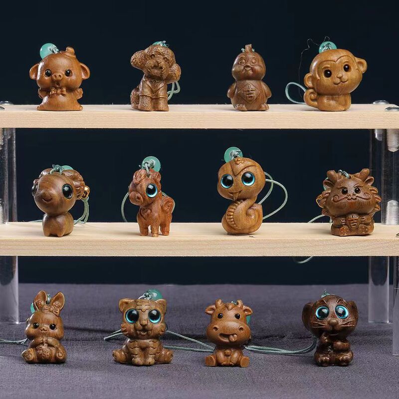 Green sandalwood carved cartoon twelve zodiac guardian mythical beast wooden cute interesting animal mobile phone chain couple backpack pendant