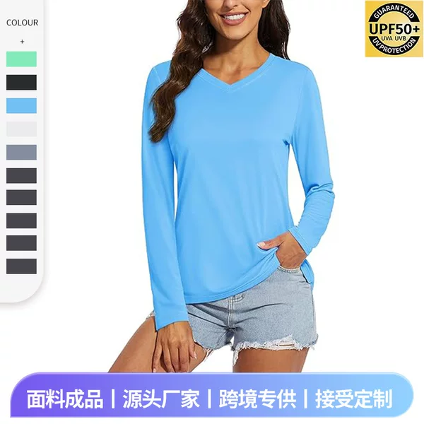 Amazon European and American Sports and Leisure Lightweight Breathable Long-Sleeved Quick-Drying Women's V Neck Upf50+ Sun Protection T-Shirt