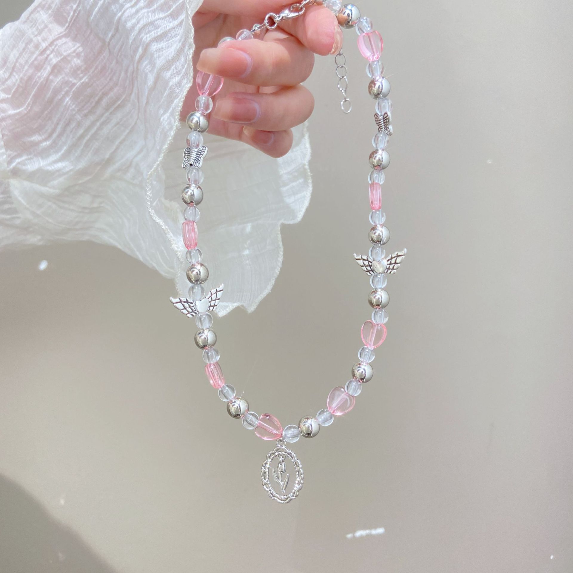 Collana con ciondolo a forma di farfalla, stella, croce, cuore e fiore in metallo Y2K, perle acriliche_voghion.com