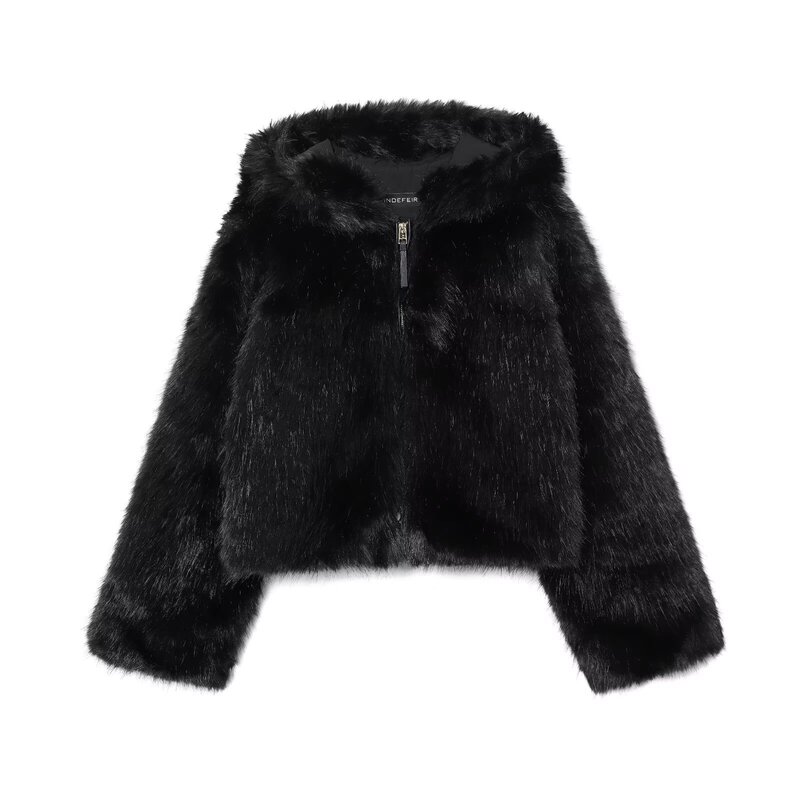 Women's Black Zipper Hooded Faux Fur Short Jacket Casual Coat Jacket Autumn Winter New European and American Cross-Border
