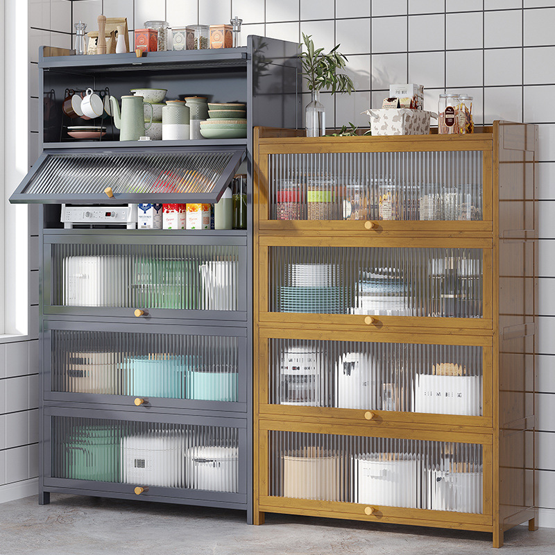 Kitchen Layered Cabinet Storage Rack with Doors for Bowls, Chopsticks, Plates, Dishes, and Pots, Floor-Standing Storage Cabinet with Partitioned Shelves