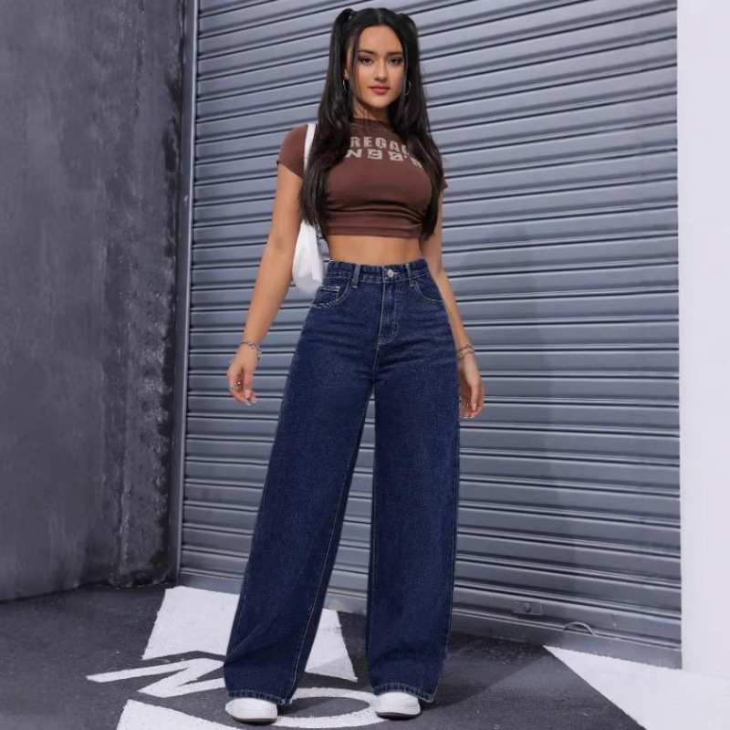 Dark Blue Washed Denim European and American Style Women's Jeans, Breathable, Quick-Drying, Loose-Fitting Summer Wide-Leg Casual Pants Dark Blue Washed Denim European and American Style Women's Jeans, Breathable, Quick-Drying, Loose-Fitting Summer Wide-Leg Casual Pants