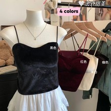 11806金丝绒固定杯吊带背心女无痕美背内搭外穿打底竹影印花上衣