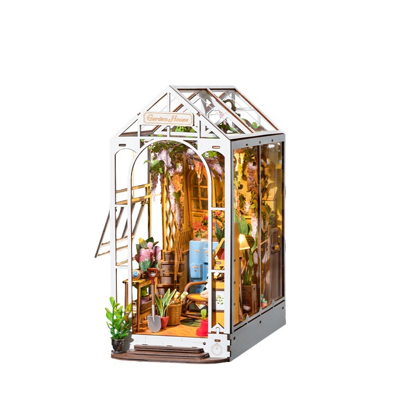 Ruolai Holiday Flower House Book stand DIY cabaña de madera ensamblada modelo tridimensional casa juguete bloques de construcción de madera rompecabezas