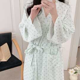 韩国ins女士春秋韩系圆点简约舒适睡衣休闲宽松睡袍慵懒家居服女