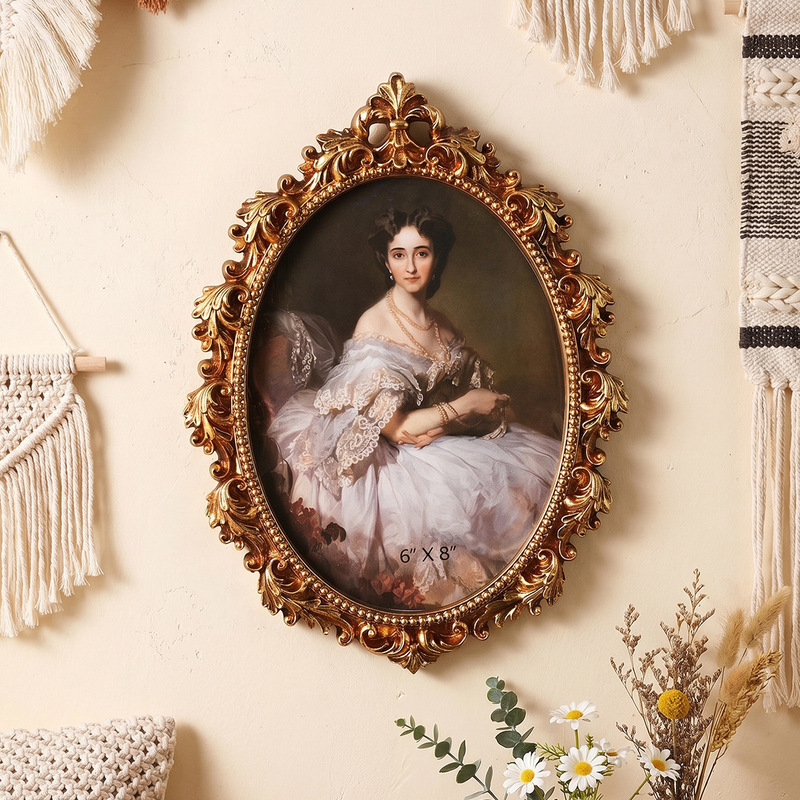 Baroque relief patterned golden oval photo frame, vintage court style, for wedding photos, portraits, and wall decoration