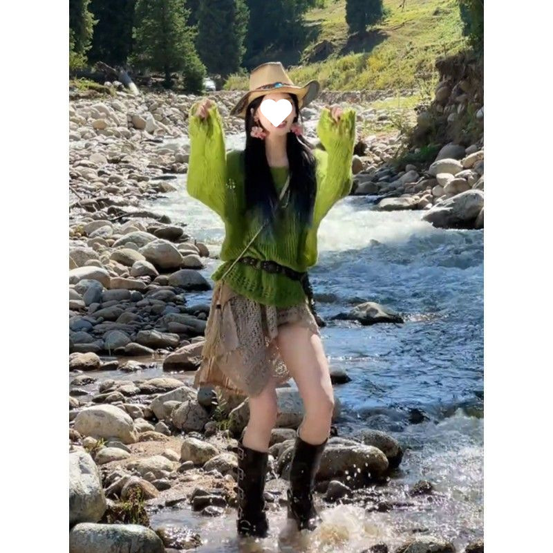 度假风气质宽松破洞针织罩衫镂空半裙女装2025早秋新款辣妹两件套|undefined