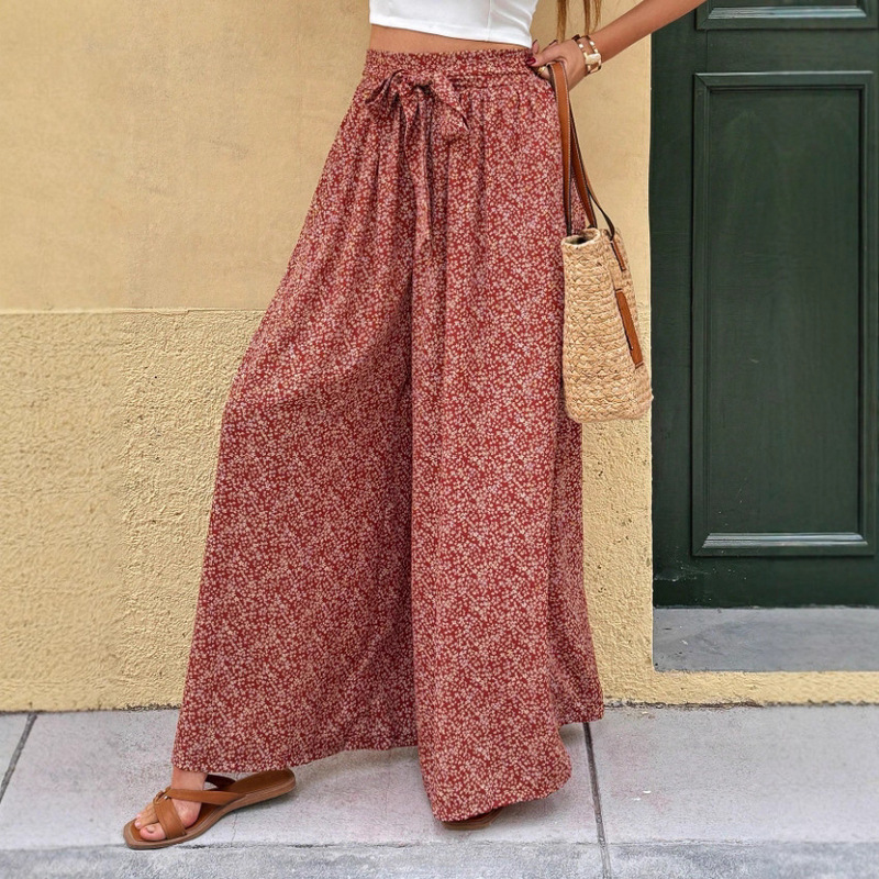 Cross-Border European and American 2025 Spring and Autumn New Women's Wide-Leg Pants Bohemian Culottes Holiday Floral Print Casual Pants