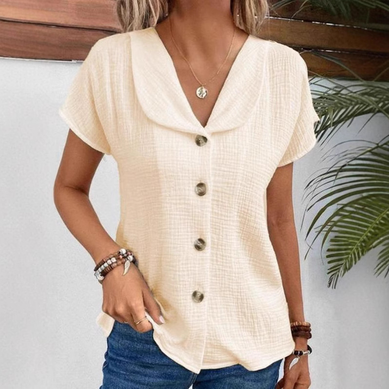 2026 Summer New European And American Cross-Border Solid Color Short Sleeve Cardigan Button Women's Top_ecoleips.com