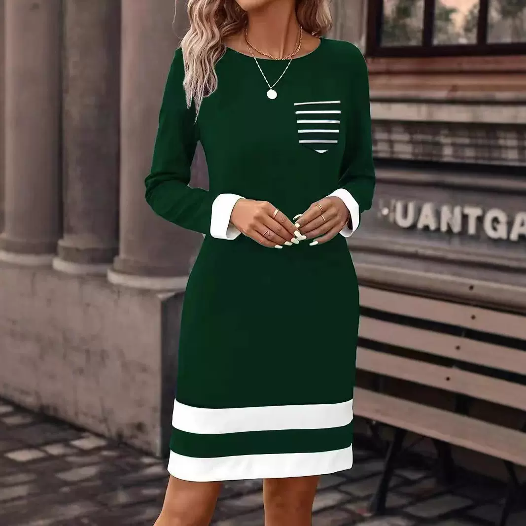 春秋长袖修身连衣裙女欧美跨境亚马逊拼接撞色条纹口袋圆领包臀裙