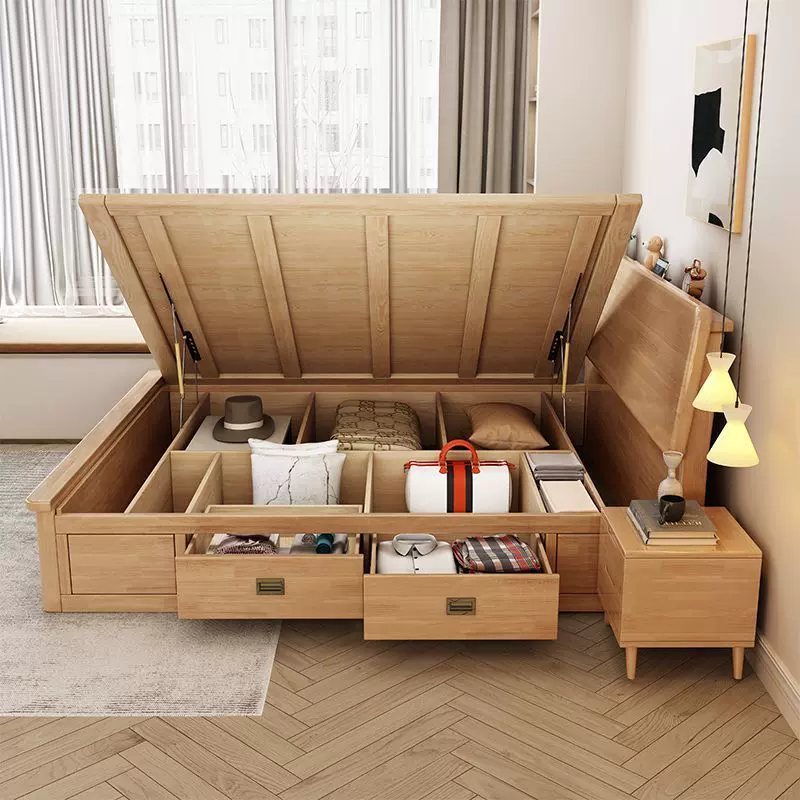 北欧实木床1.2米落地高箱气压储物侧翻1.8米收纳抽屉1.5箱体床