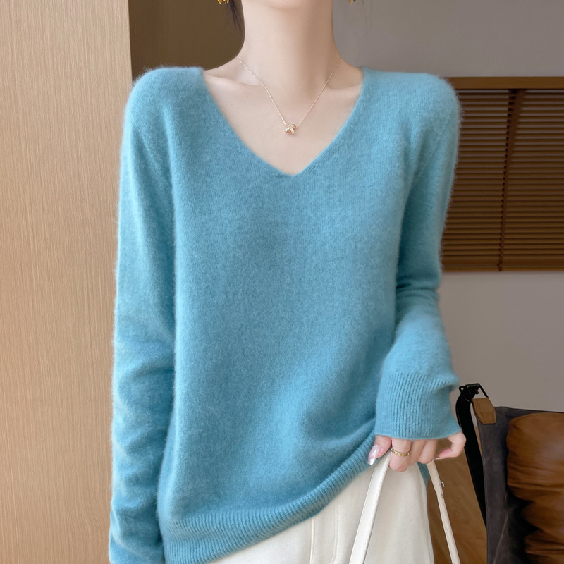 100% Wool One-Line Ready-To-Wear V Neck Wool Sweater for Women, Seamless One-Piece Slimming Look, Lazy Elegant Wool Cross-Border