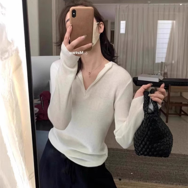Irina Early Autumn Korean Style Gentle Half-Zip Hooded Knitwear for Women in Autumn and Winter with Lazy Slim-Fitting Bottoming Top