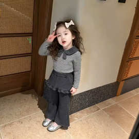 女童春秋季学院风翻领条纹长袖上衣宝宝韩系套装儿童批量微喇裤子