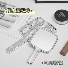 水波纹化妆镜批发办公室网红手持便携式高级感家用复古手拿美容镜