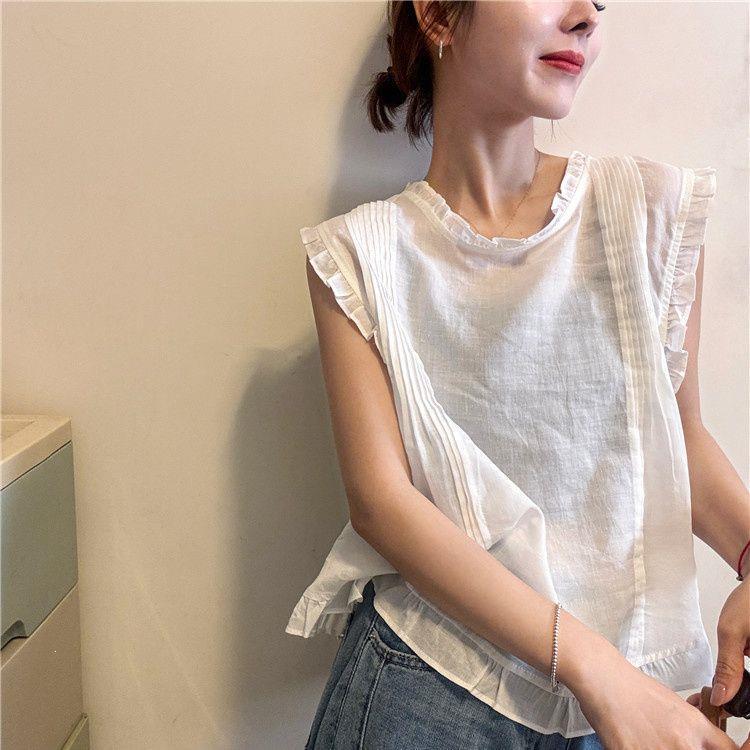 Korean-Style Lace Pleated Design Sleeveless Shirt, Versatile Loose-Fitting Solid Color Blouse, Elegant Workwear Top