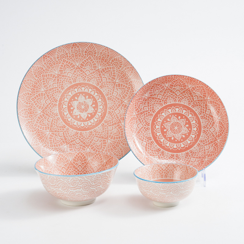 Pink Bohemian Ceramic Printing Bowl Dish Plate Tableware Set Double-sided Printing Bowl Wholesale